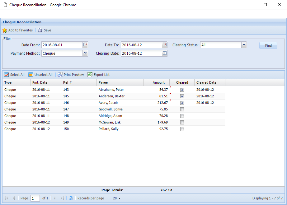Cheque reconciliation