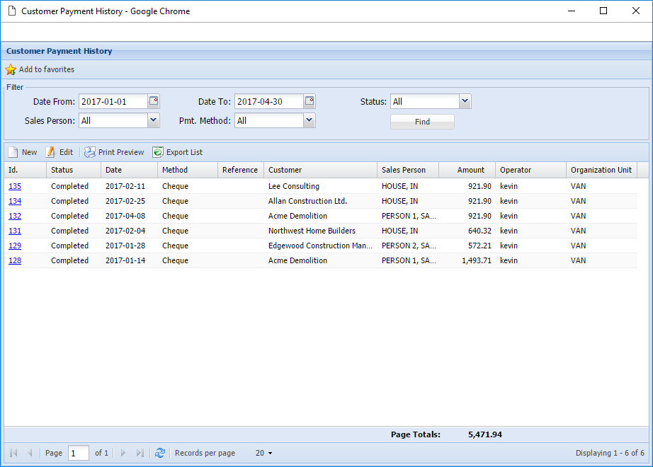 Customer Payments History listing