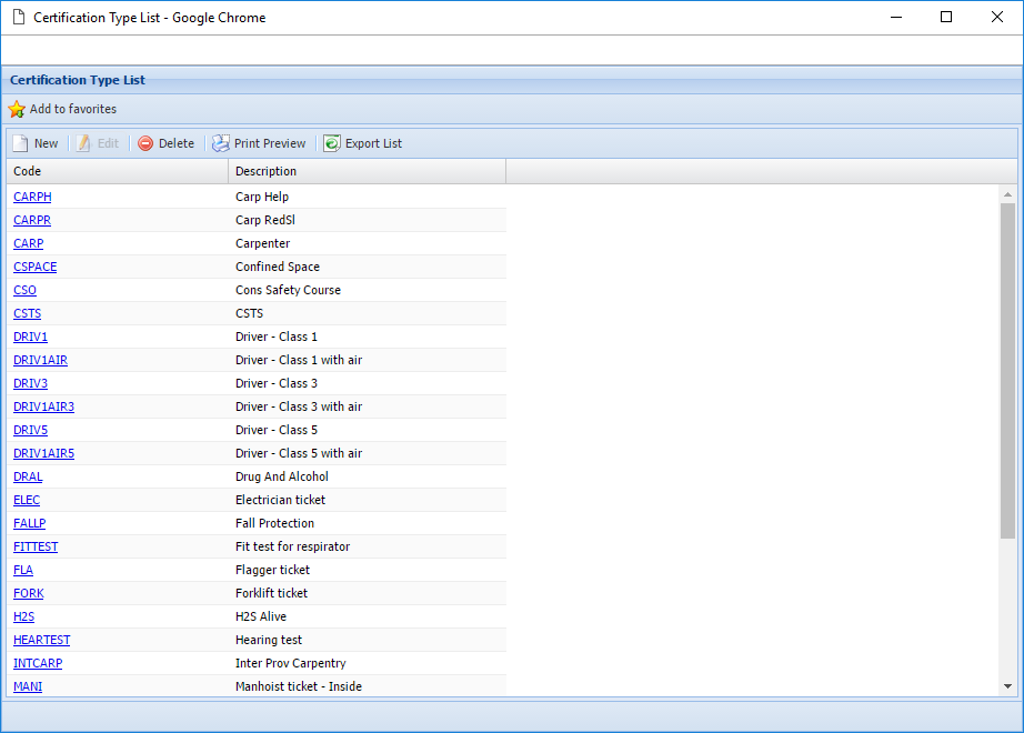 Worker Certification Types Listing