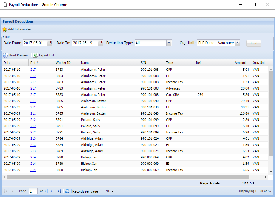 Payroll Deductions listing
