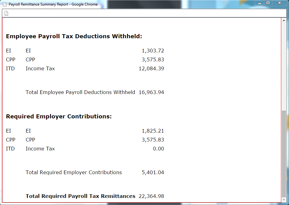 Payroll Tax Remittance Summary